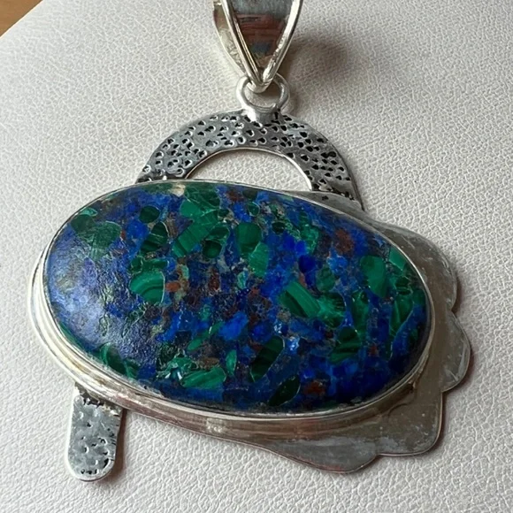 OVERSIZED STATEMENT LAPIS MALACHITE CHRYSOCOLLA PENDANT 925 STERLING SILVER